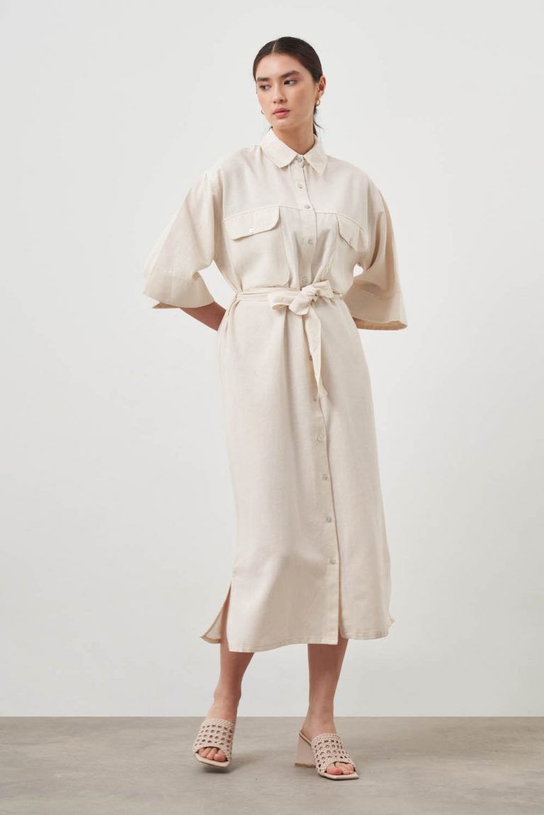 Mizalle Çift Cepli Rahat Kesim Bej Rengi Uzun Gömlek Elbise - Mizalle