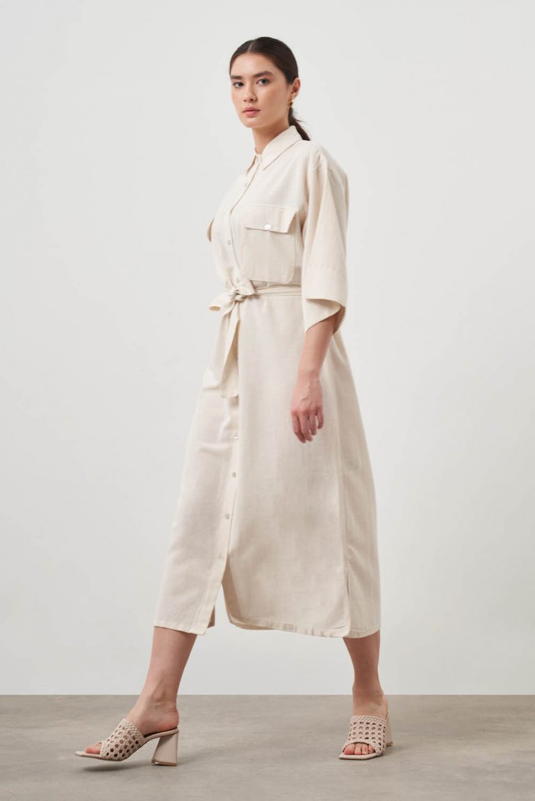 Mizalle Çift Cepli Rahat Kesim Bej Rengi Uzun Gömlek Elbise - Mizalle