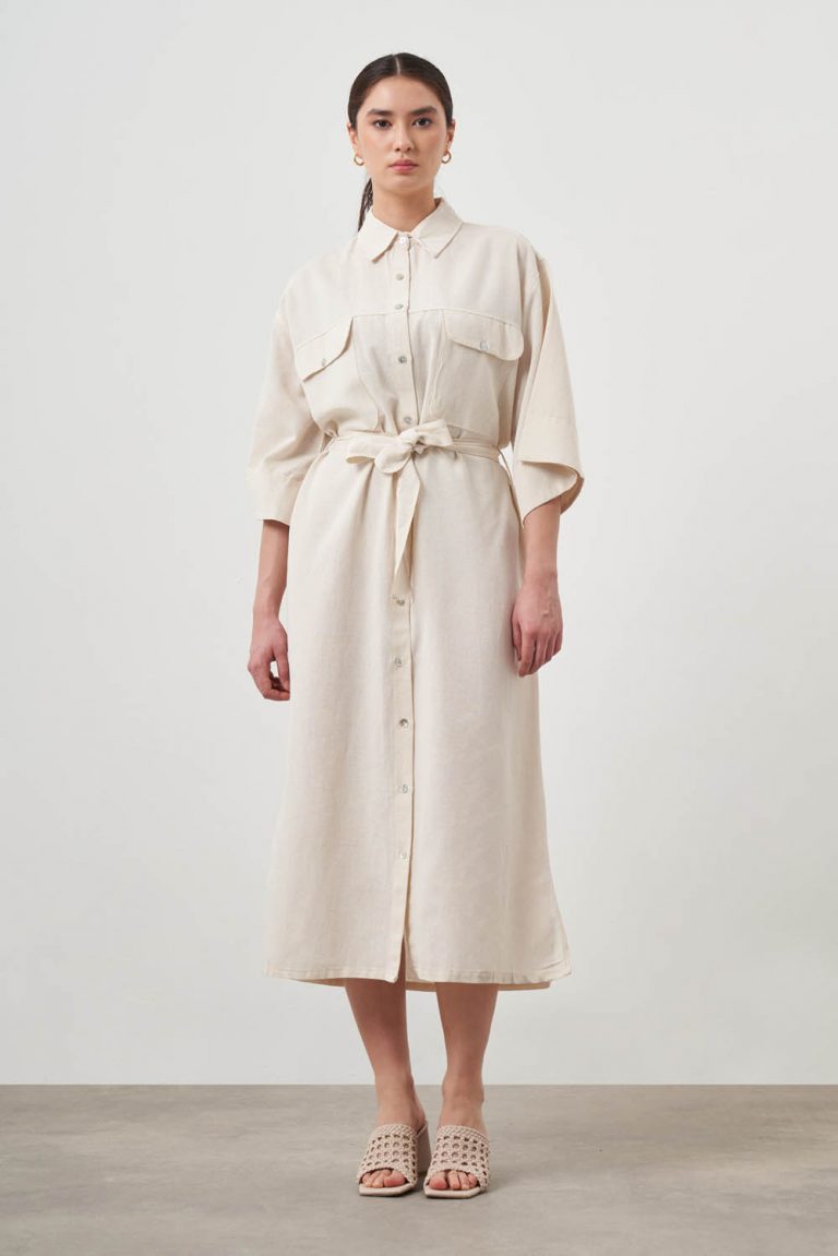 Mizalle Çift Cepli Rahat Kesim Bej Rengi Uzun Gömlek Elbise - Mizalle