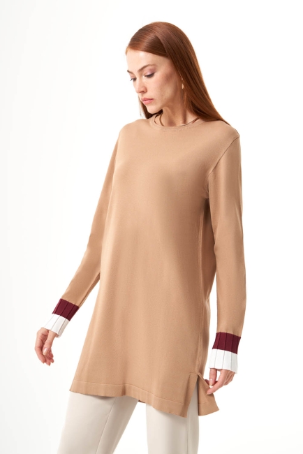 Mizalle - Mizalle Kolları Kahverengi Piliseli Camel Uzun Triko Tunik Mizalle - Mizalle Kolları Kahverengi Piliseli Camel Uzun Triko Tunik