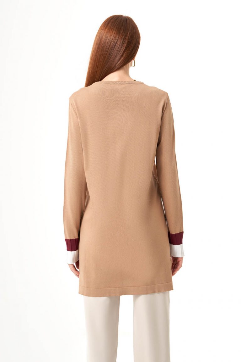 Mizalle Kolları Kahverengi Piliseli Camel Uzun Triko Tunik - Mizalle
