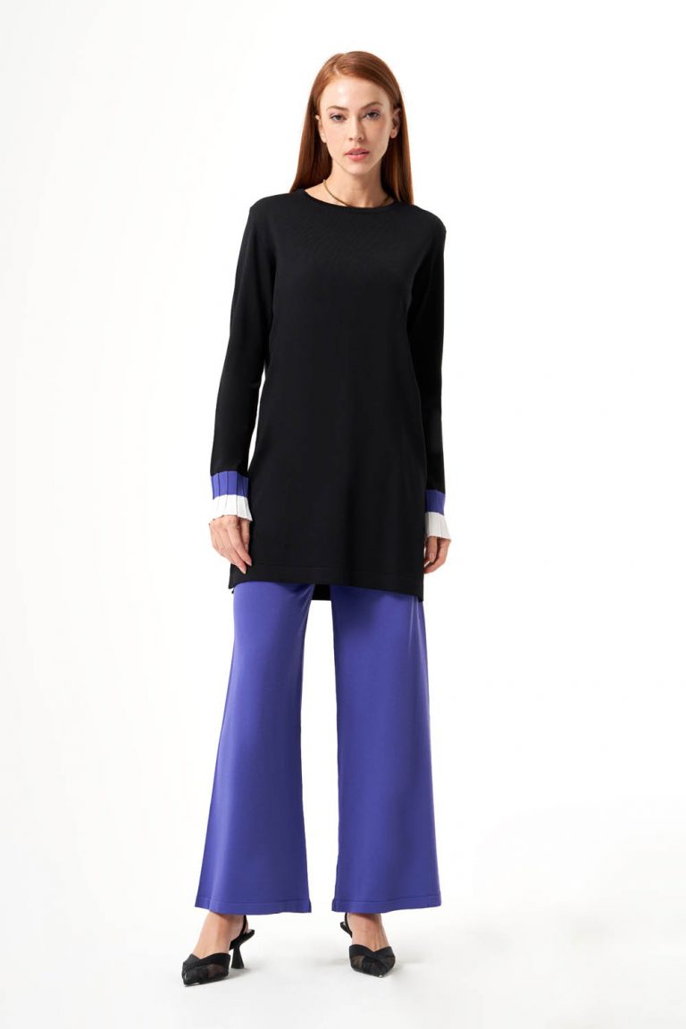 Mizalle Kolları Mavi Piliseli Siyah Uzun Triko Tunik - Mizalle