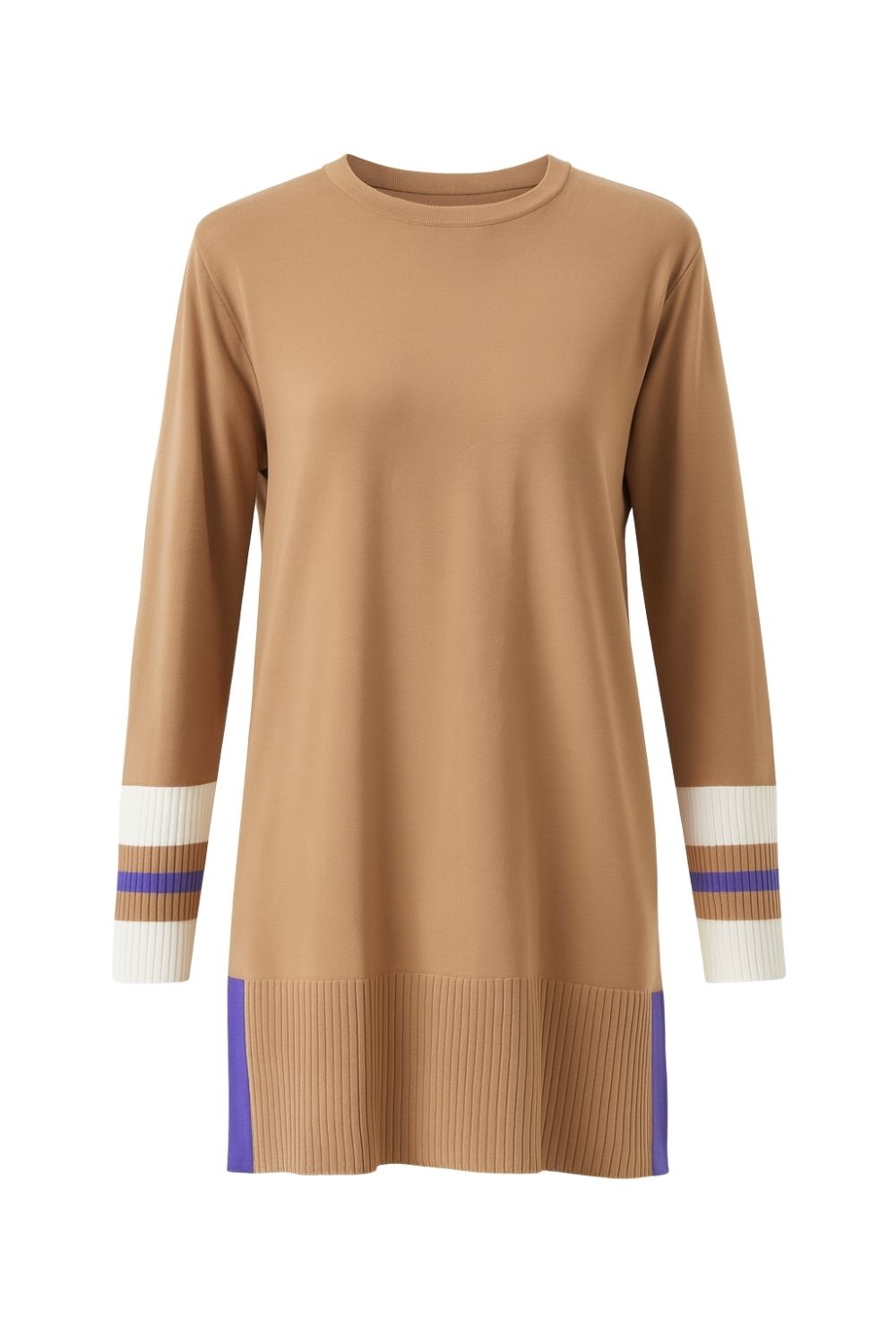 Mizalle Kol Çizgi Detaylı Uzun Camel Triko tunik