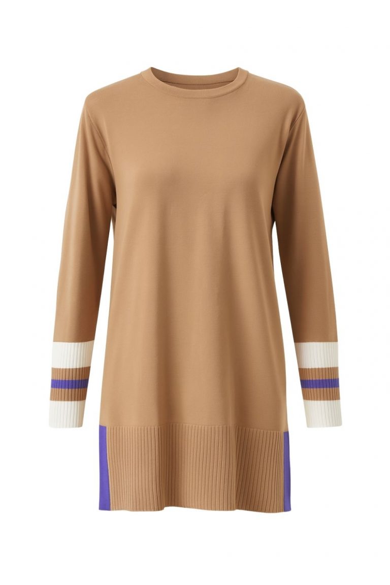 Mizalle Kol Çizgi Detaylı Uzun Camel Triko tunik - Mizalle