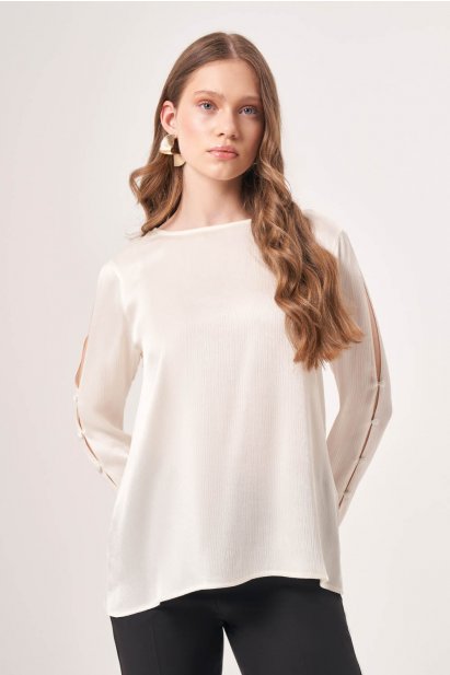 Kolu Detaylı Uzun Ekru Bluz - Mizalle