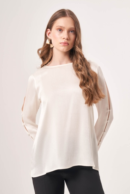 Mizalle - Kolu Detaylı Uzun Ekru Bluz Mizalle - Kolu Detaylı Uzun Ekru Bluz