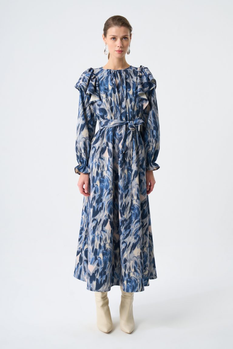 Mizalle Volan Detaylı Mavi Desenli Uzun Kollu Maksi Elbise - Mizalle