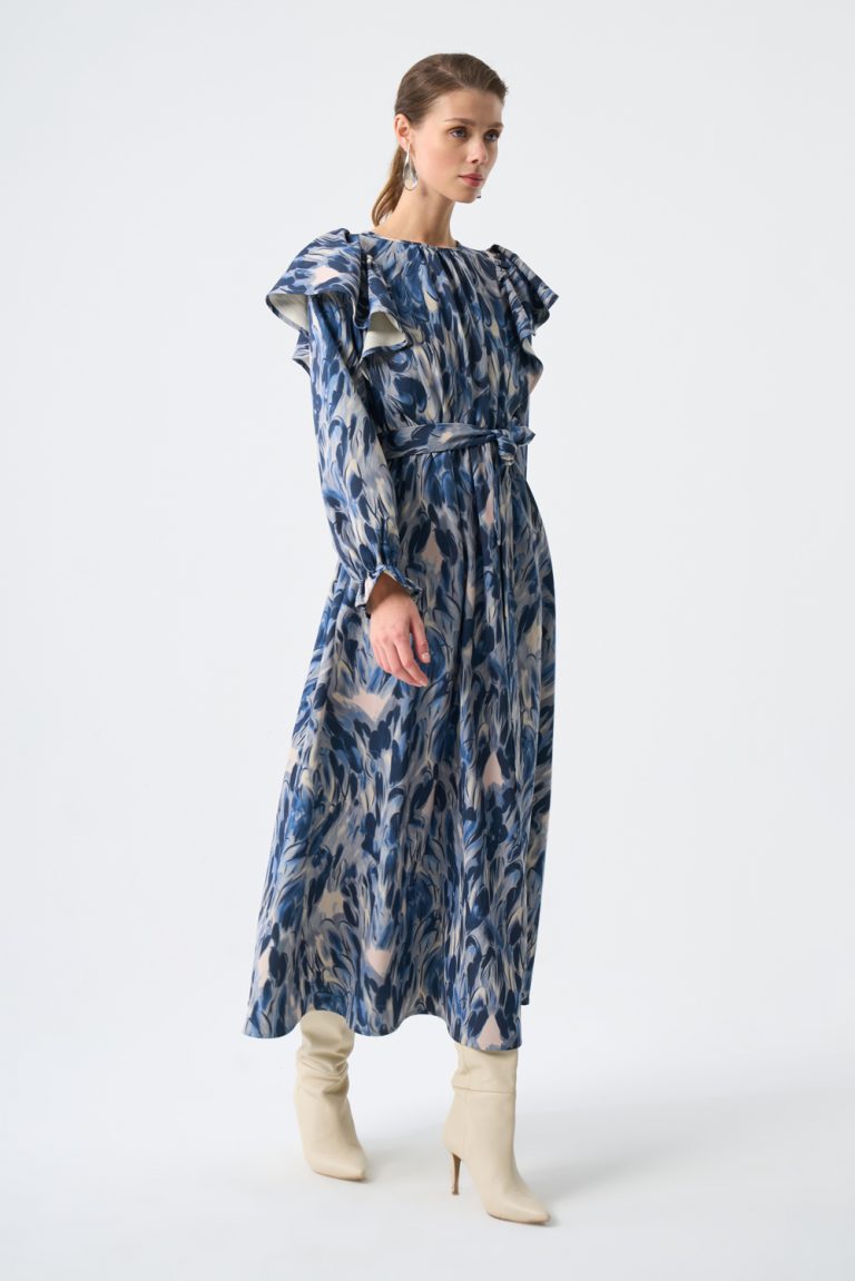 Mizalle Volan Detaylı Mavi Desenli Uzun Kollu Maksi Elbise - Mizalle