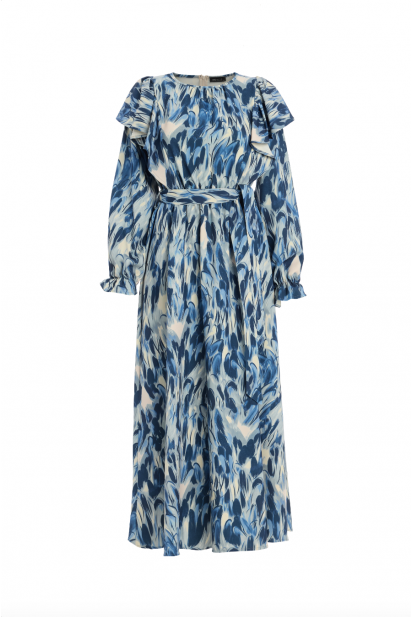 Mizalle Volan Detaylı Mavi Desenli Uzun Kollu Maksi Elbise - Mizalle