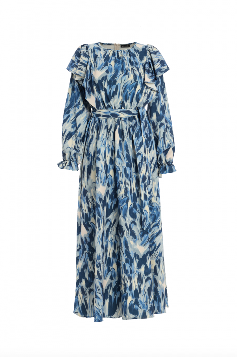 Mizalle Volan Detaylı Mavi Desenli Uzun Kollu Maksi Elbise - Mizalle