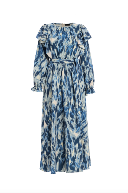 Mizalle - Mizalle Volan Detaylı Mavi Desenli Uzun Kollu Maksi Elbise