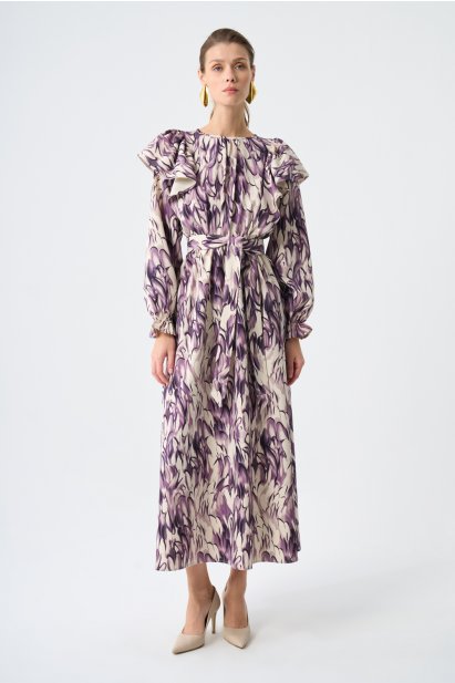 Mizalle Volan Detaylı Lila Desenli Uzun Kollu Maksi Elbise - Mizalle