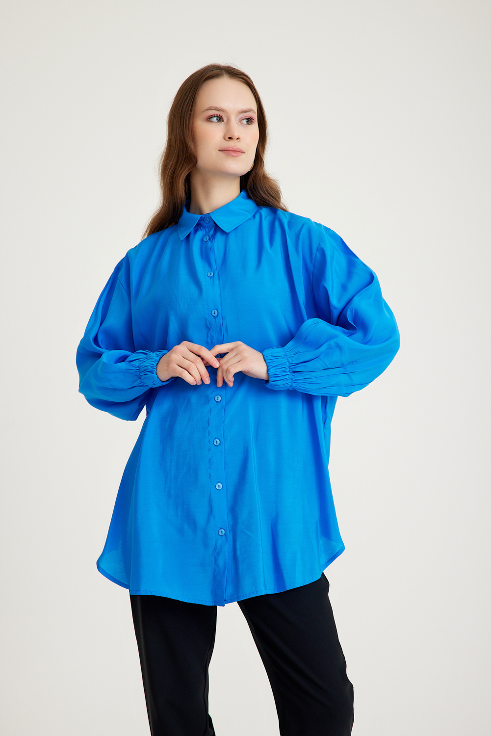 Mizalle Kolları Lastikli Rahat Kesimli Mavi Pamuklu Basic Gömlek