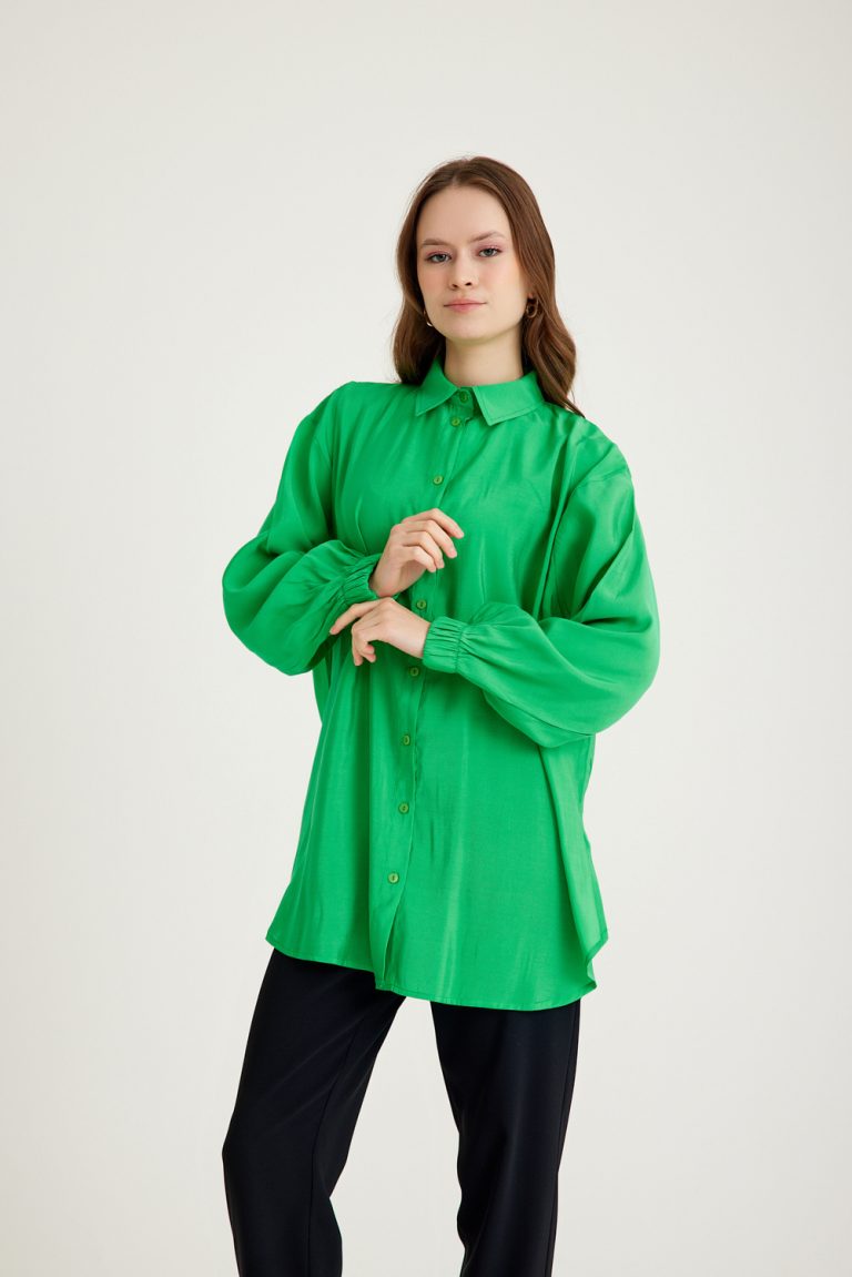 Mizalle Kolları Lastikli Rahat Kesimli Yeşil Pamuklu Basic Gömlek - Mizalle