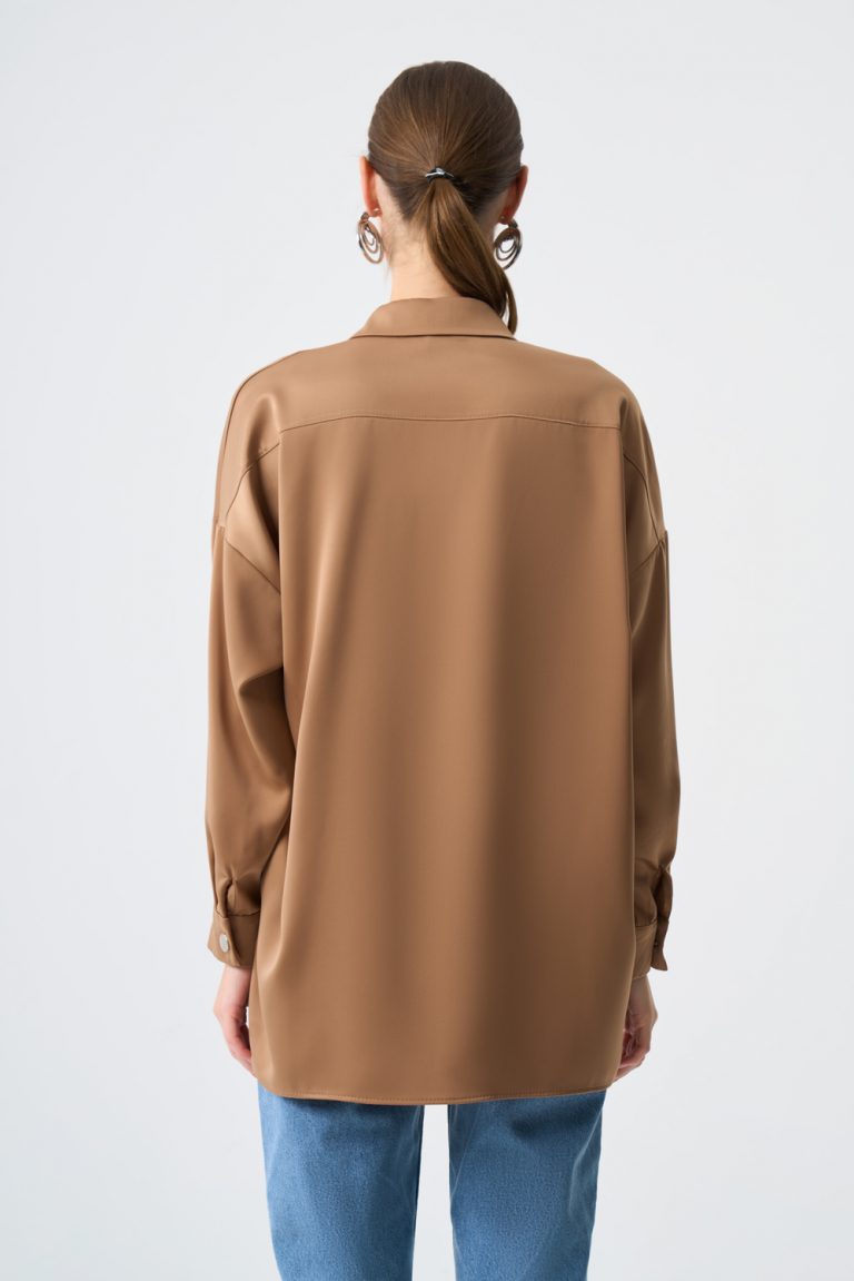 Mizalle Metal Düğmeli Bronz Rengi Klasik Saten Gömlek - Mizalle