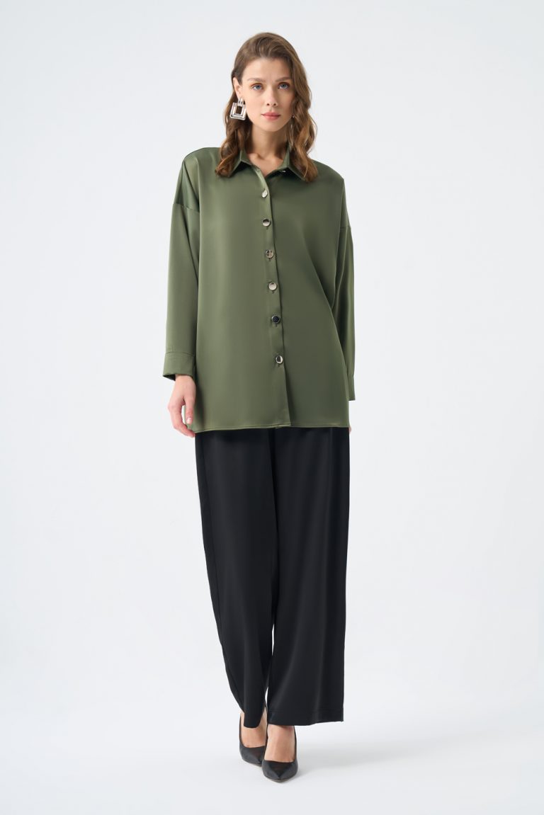 Mizalle Metal Düğmeli Haki Klasik Saten Gömlek - Mizalle