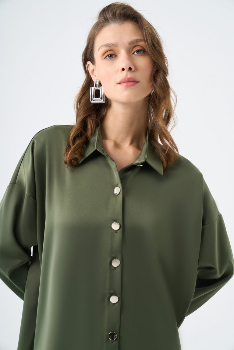 Mizalle Metal Düğmeli Haki Klasik Saten Gömlek - Mizalle