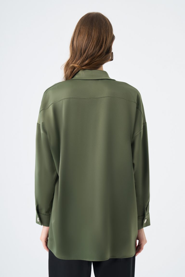 Mizalle Metal Düğmeli Haki Klasik Saten Gömlek - Mizalle