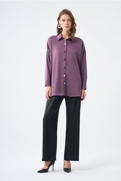 Mizalle Metal Düğmeli Mürdüm Klasik Saten Gömlek - Mizalle