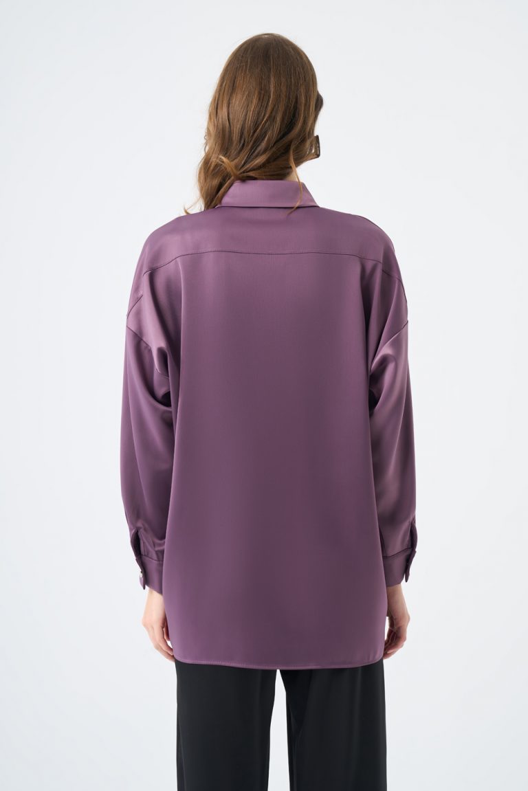 Mizalle Metal Düğmeli Mürdüm Klasik Saten Gömlek - Mizalle