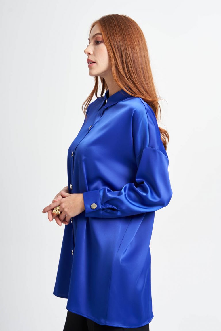 Mizalle Metal Düğmeli Saks Mavi Klasik Saten Gömlek - Mizalle