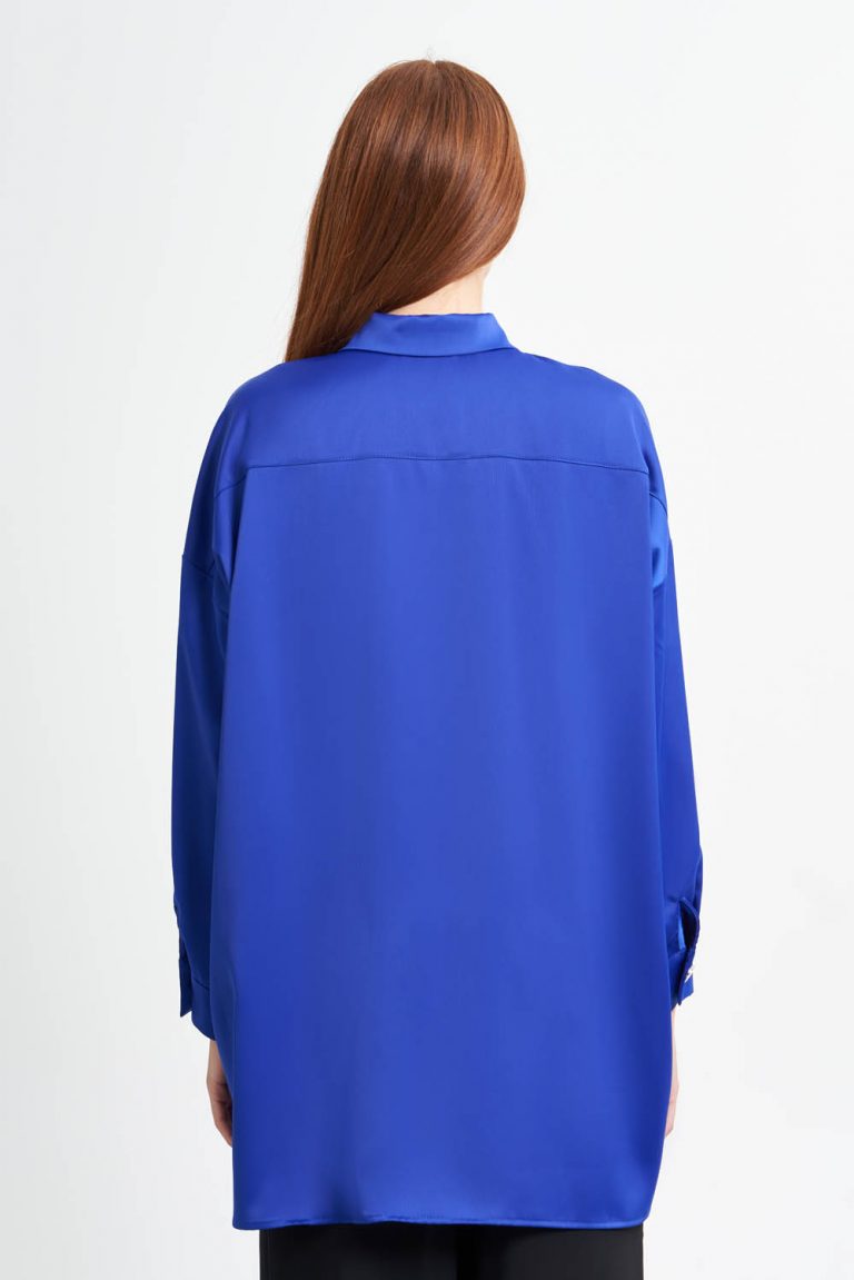 Mizalle Metal Düğmeli Saks Mavi Klasik Saten Gömlek - Mizalle