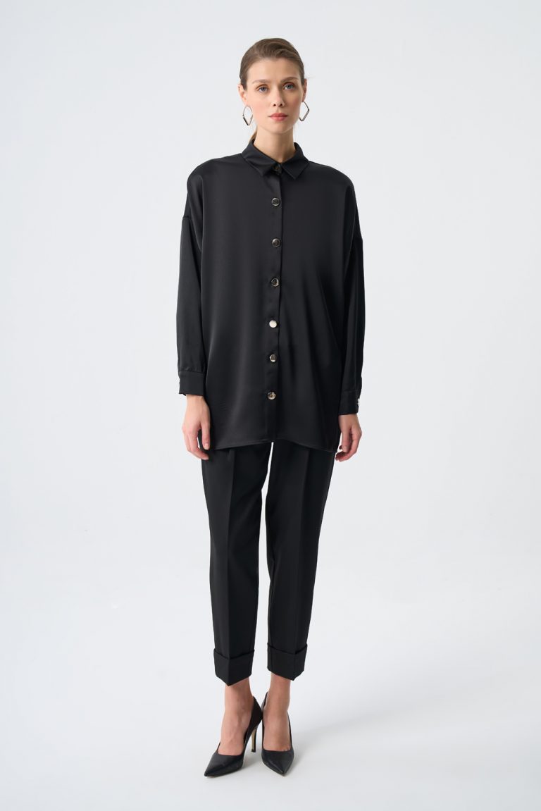Mizalle Metal Düğmeli Siyah Klasik Saten Gömlek - Mizalle