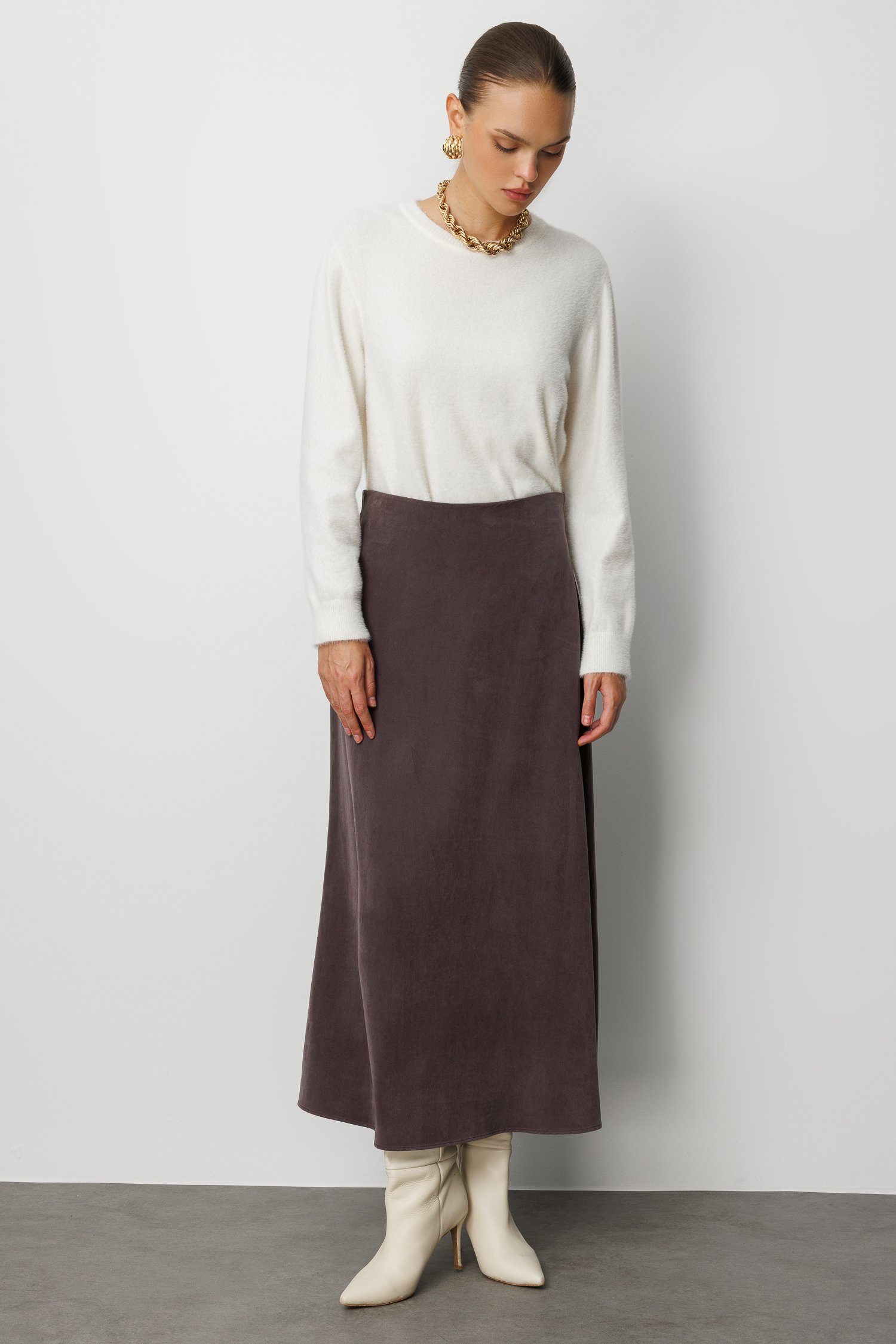 Mizalle A Kesim Cupro Kahverengi Maksi Etek - 2