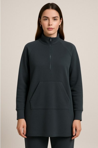 Mizalle Antrasit Modal Yumuşak Dokulu Rahat Kesim Fermuarlı Uzun Tunik - Mizalle