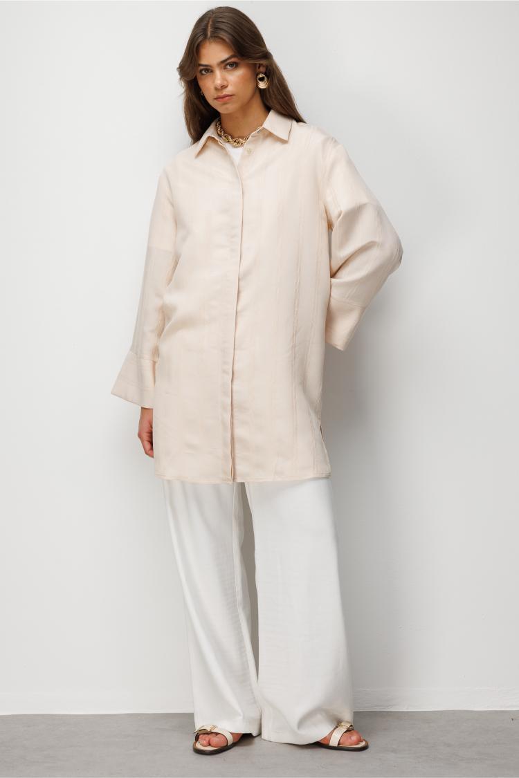 Mizalle Armürlü Modern Kesim Uzun Taş Rengi Tunik - 1