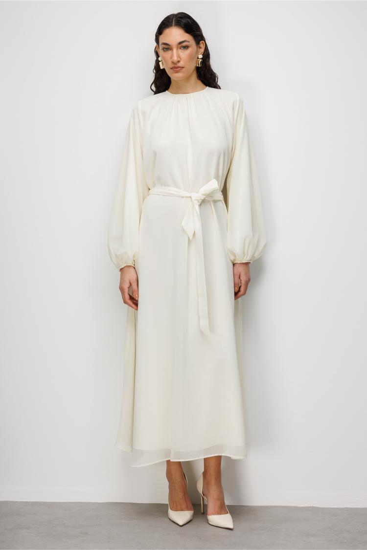 Mizalle Balon Kollu Kuşaklı Ekru Maksi Şifon Elbise - 2