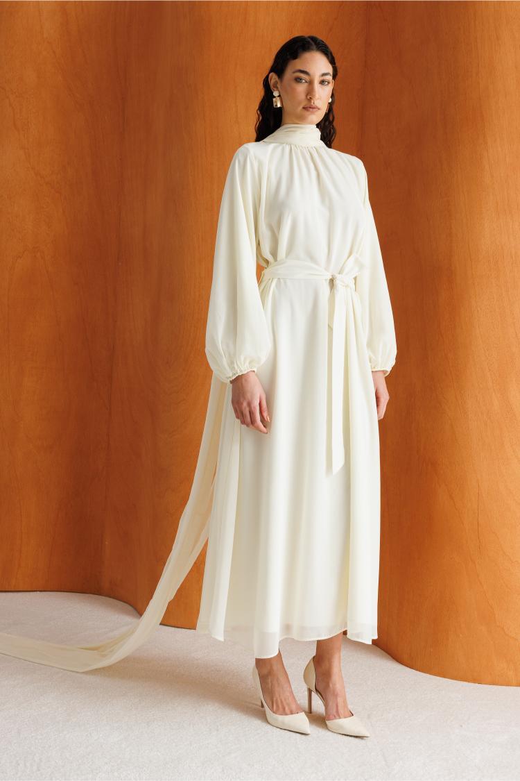 Mizalle Balon Kollu Kuşaklı Ekru Maksi Şifon Elbise - Mizalle