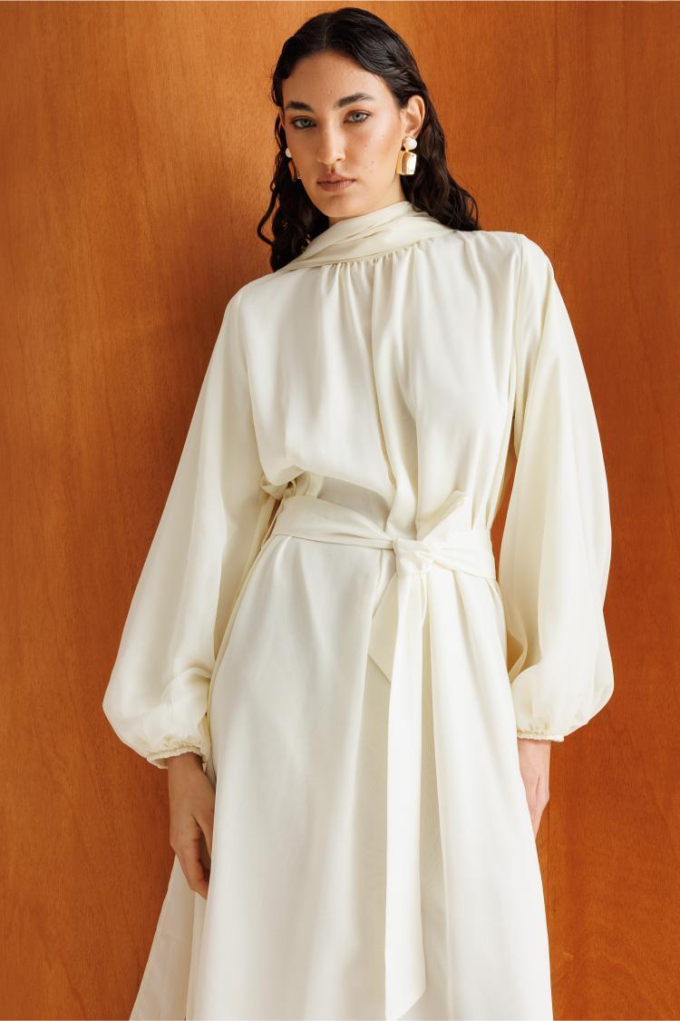 Mizalle Balon Kollu Kuşaklı Ekru Maksi Şifon Elbise - Mizalle