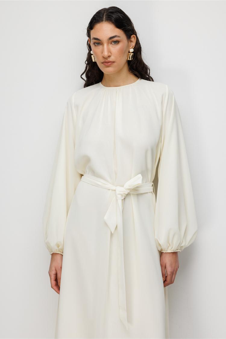 Mizalle Balon Kollu Kuşaklı Ekru Maksi Şifon Elbise - Mizalle