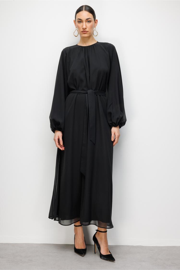 Mizalle Balon Kollu Kuşaklı Siyah Maksi Şifon Elbise - 2