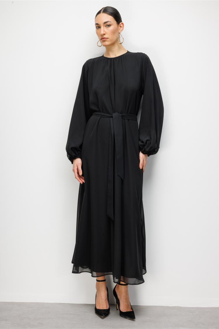 Mizalle Balon Kollu Kuşaklı Siyah Maksi Şifon Elbise - 4
