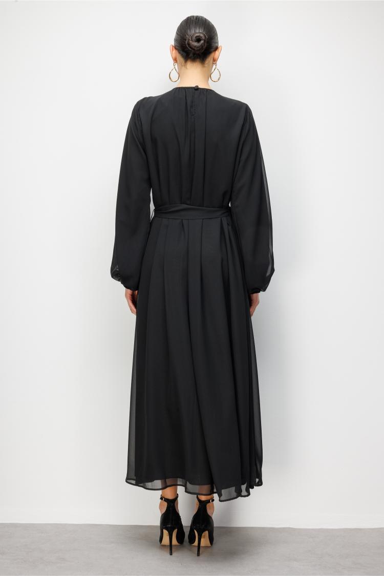 Mizalle Balon Kollu Kuşaklı Siyah Maksi Şifon Elbise - Mizalle