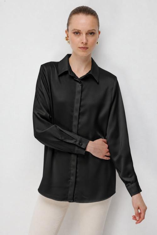 Mizalle Basic Siyah Saten Gömlek - Mizalle