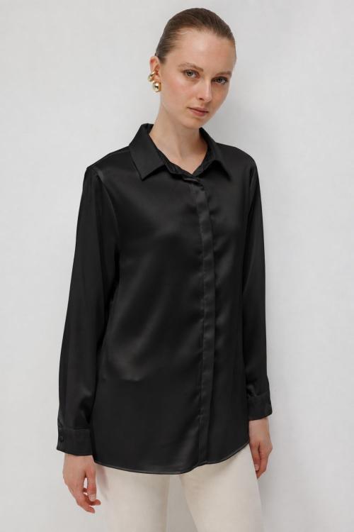 Mizalle Basic Siyah Saten Gömlek - 3