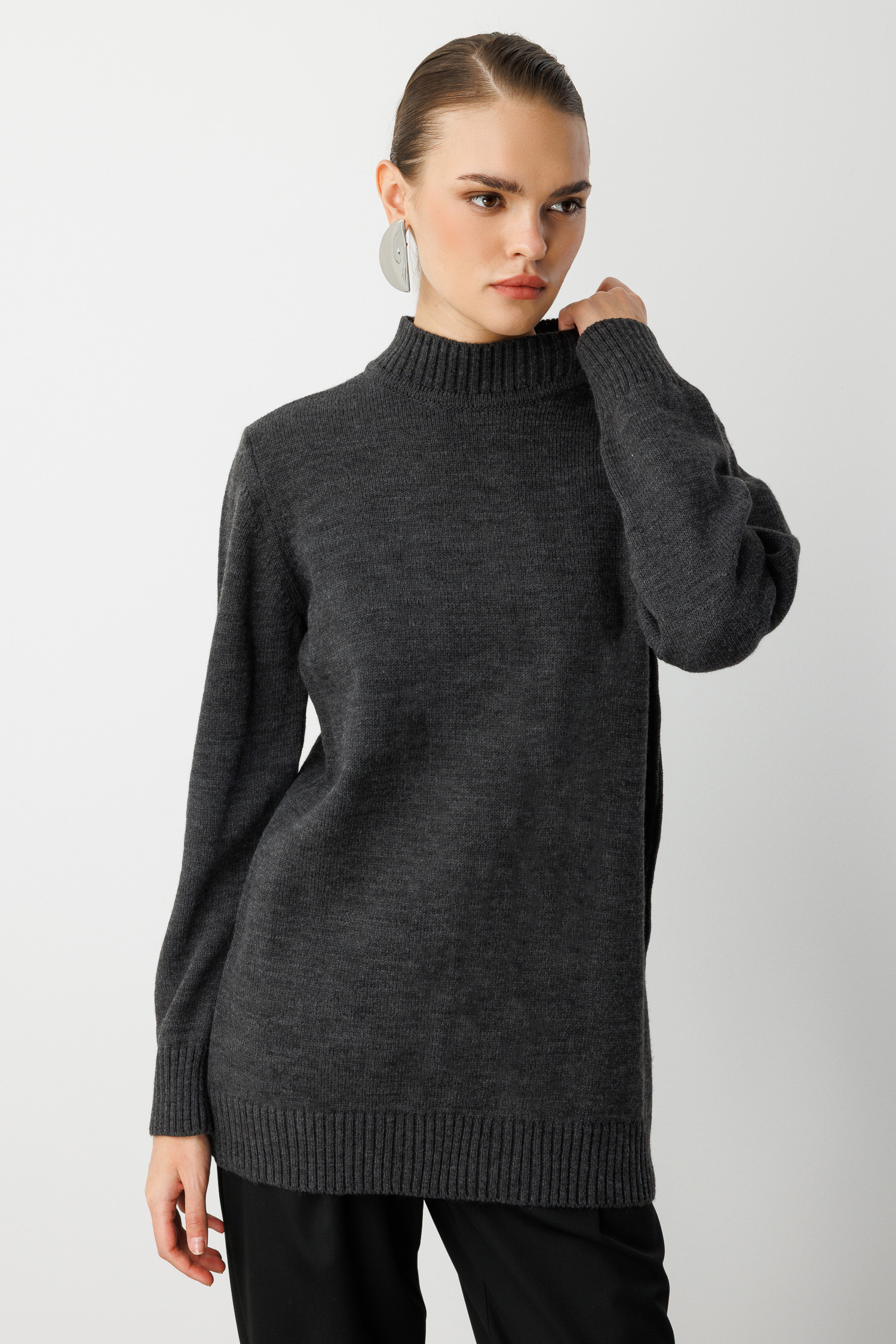 Mizalle - Mizalle Basic Yarım Balıkçı Antrasit Triko Kazak