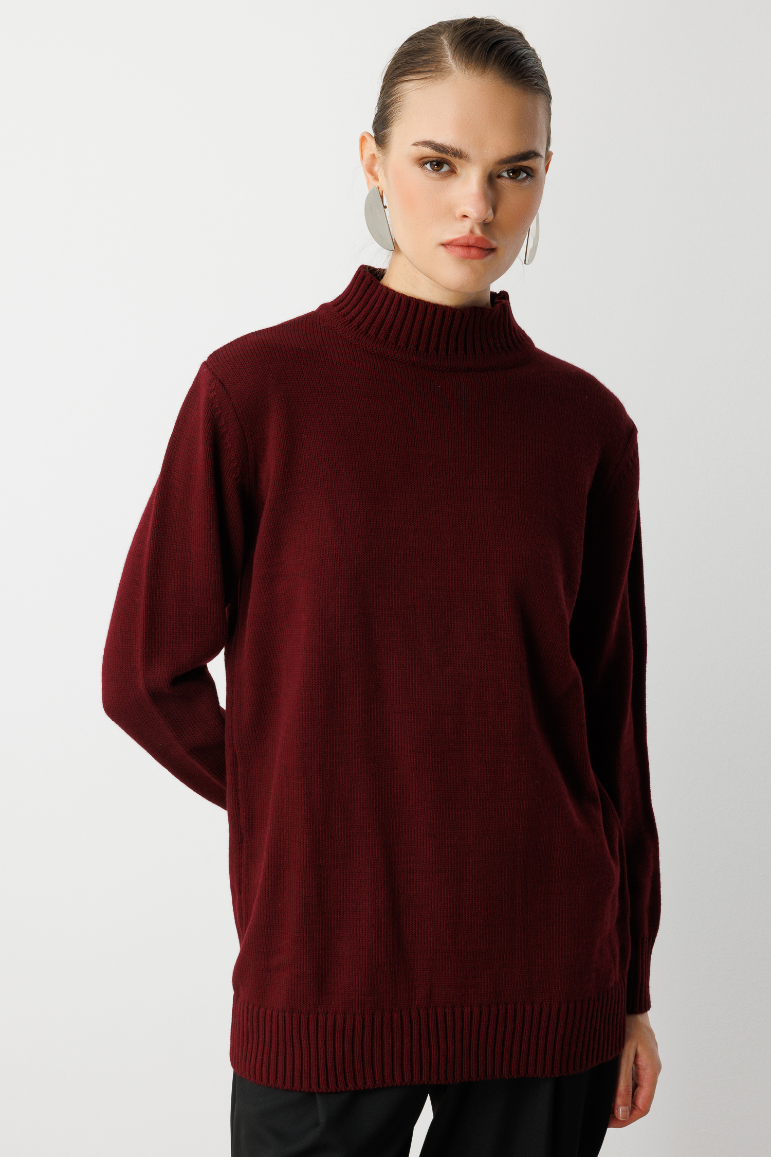 Mizalle - Mizalle Basic Yarım Balıkçı Bordo Triko Kazak