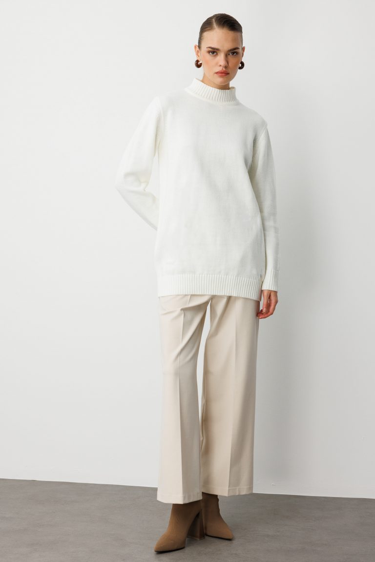 Mizalle Basic Yarım Balıkçı Ekru Triko Kazak - Mizalle