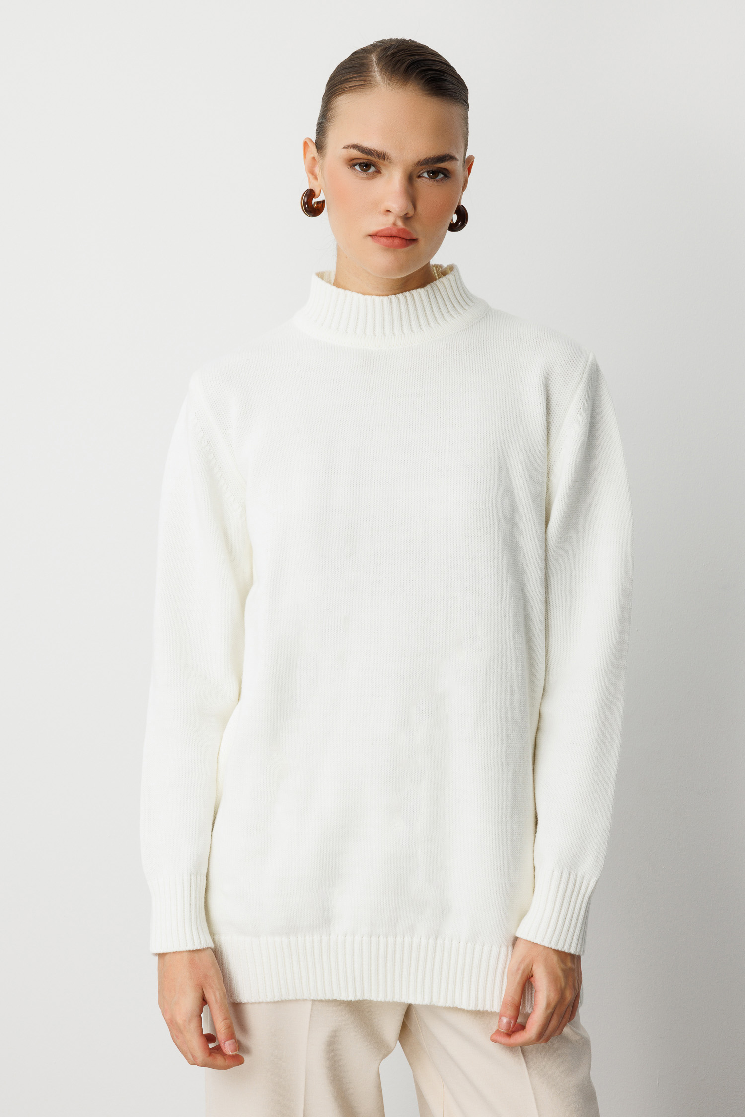 Mizalle - Mizalle Basic Yarım Balıkçı Ekru Triko Kazak