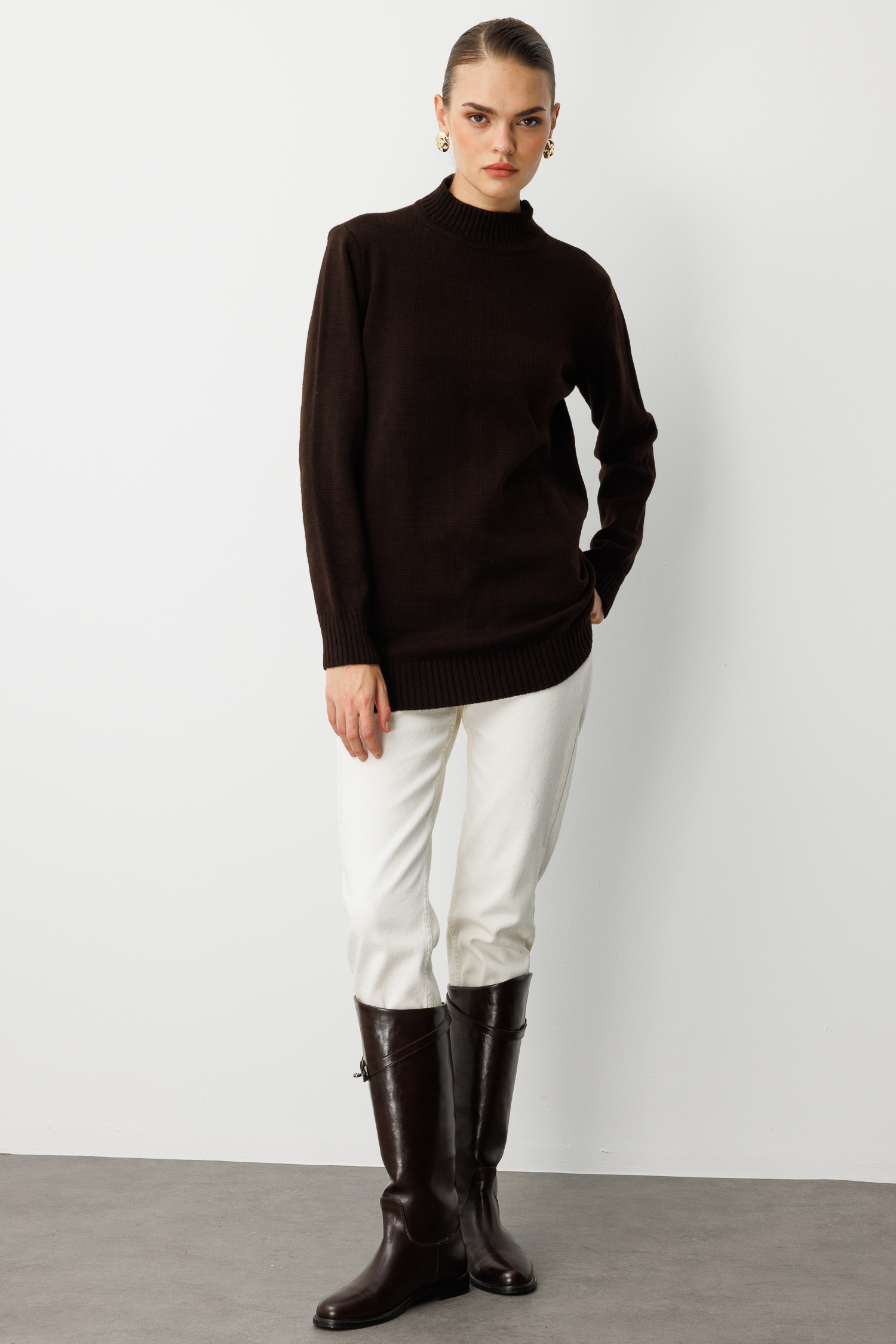 Mizalle Basic Yarım Balıkçı Kahverengi Triko Kazak - Mizalle