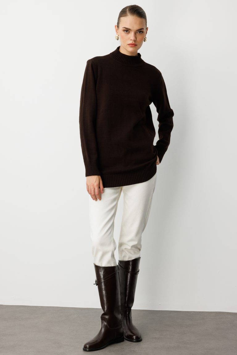 Mizalle Basic Yarım Balıkçı Kahverengi Triko Kazak - Mizalle