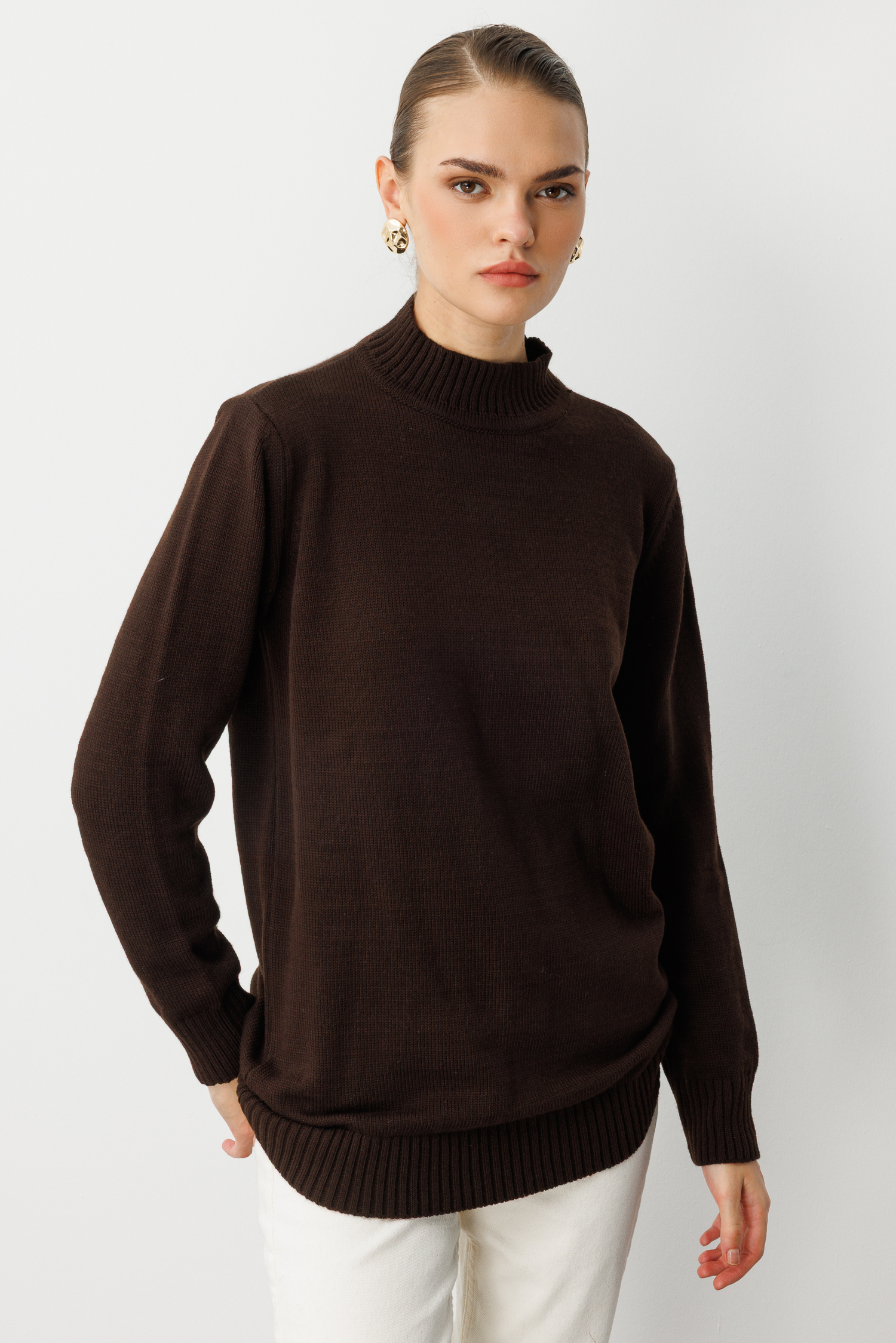 Mizalle - Mizalle Basic Yarım Balıkçı Kahverengi Triko Kazak