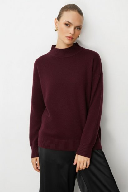 Mizalle Basic Yarım Balıkçı Mürdüm Triko Kazak - Mizalle