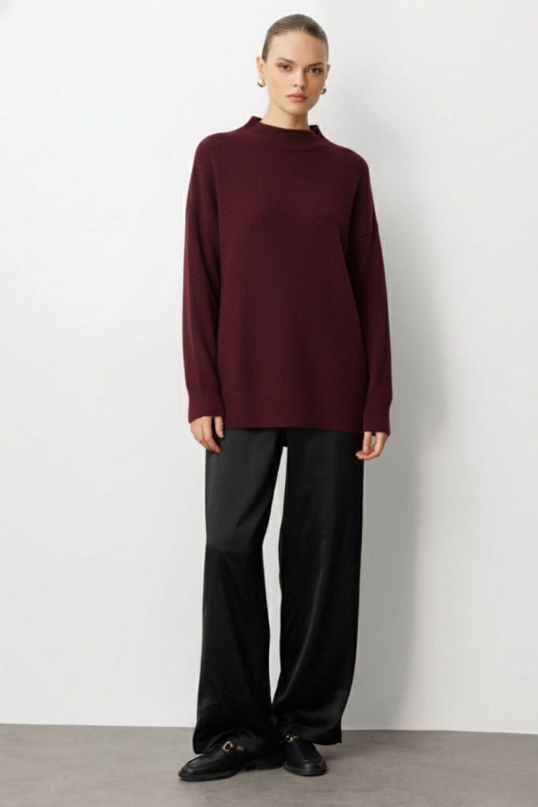 Mizalle Basic Yarım Balıkçı Mürdüm Triko Kazak - Mizalle