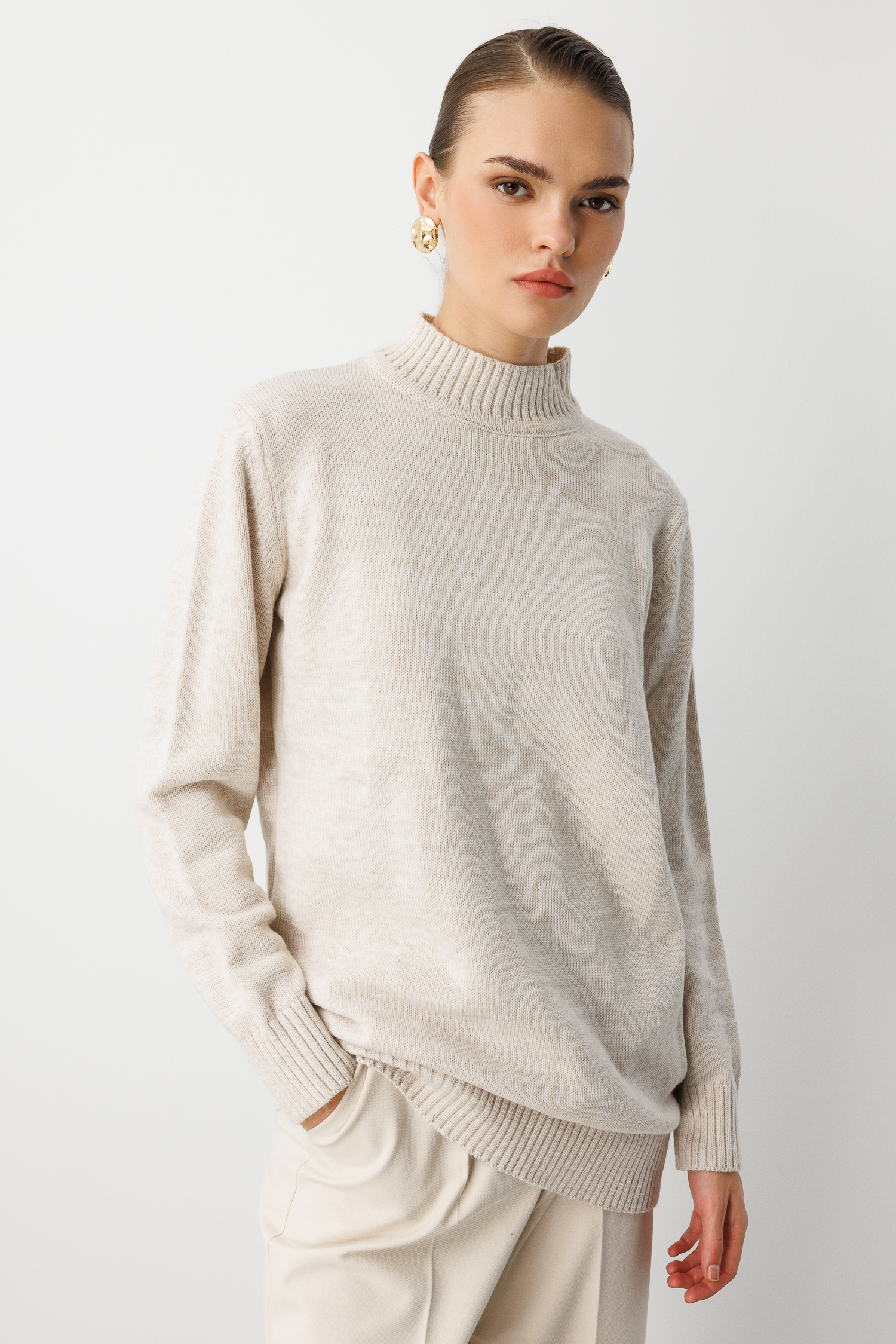 Mizalle - Mizalle Basic Yarım Balıkçı Taş Rengi Triko Kazak