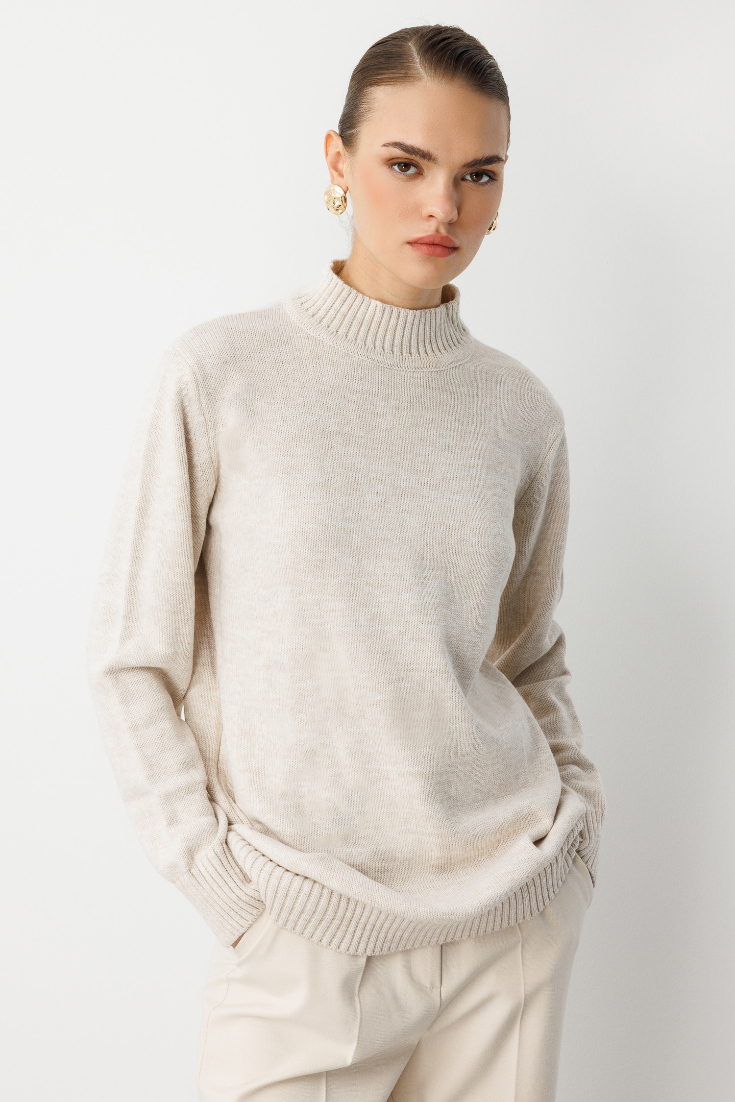 Mizalle - Mizalle Basic Yarım Balıkçı Taş Rengi Triko Kazak